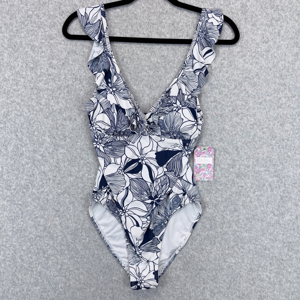 Stella Parker One Piece Swimsuit Women M DressBlue NWT Floral Ruffle